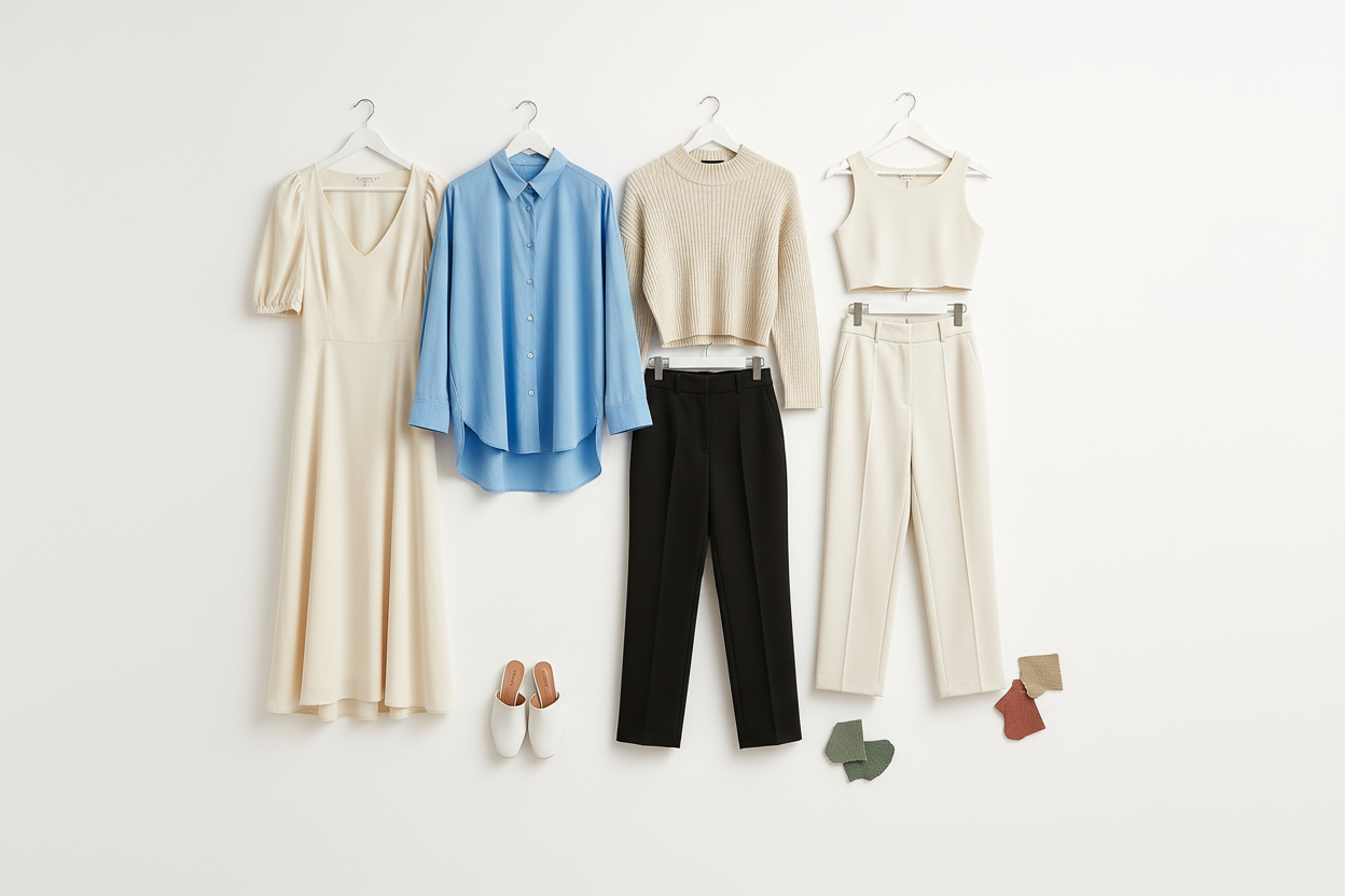 Cream and neutral capsule new arrivals: four minimalist outfits on hangers, tan slides and white slip-ons, fabric swatches in tan green red beige.