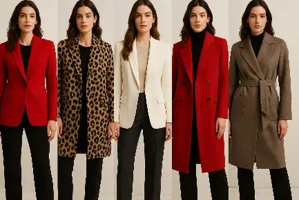 Five women wearing different coats against a neutral background