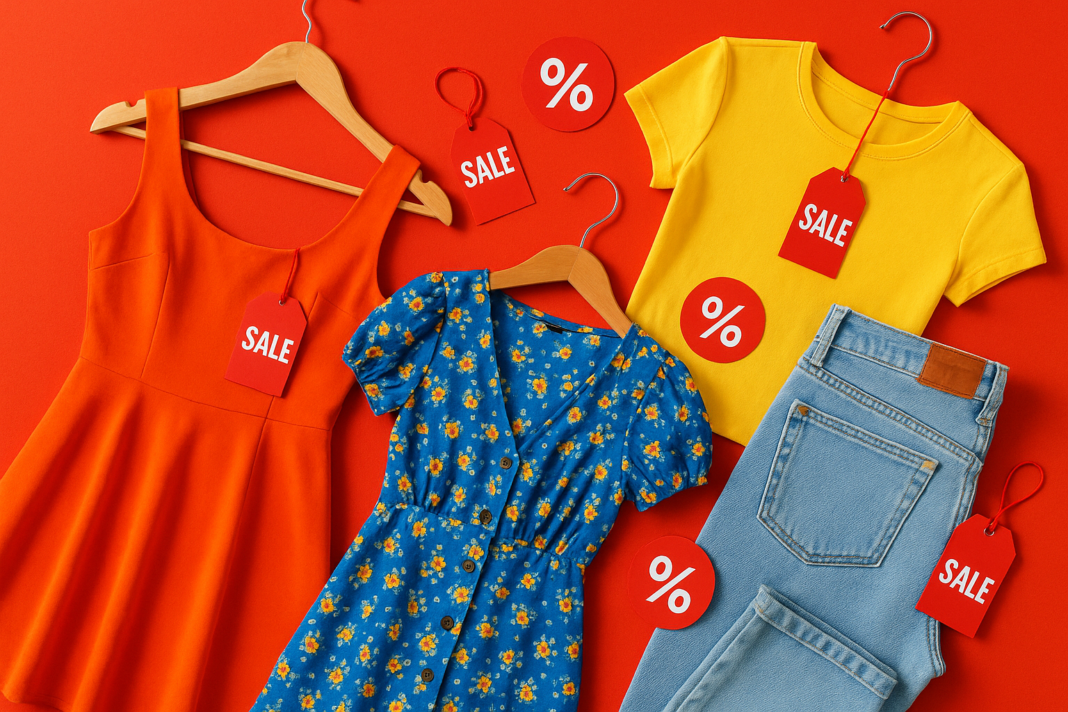 Clothing items including a dress, floral dress, yellow t-shirt, and jeans on hangers with sale tags against a red background.