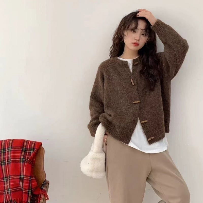 Horn Button Knitted Cardigan For Women Autumn And Winter New Loose Soft Cover