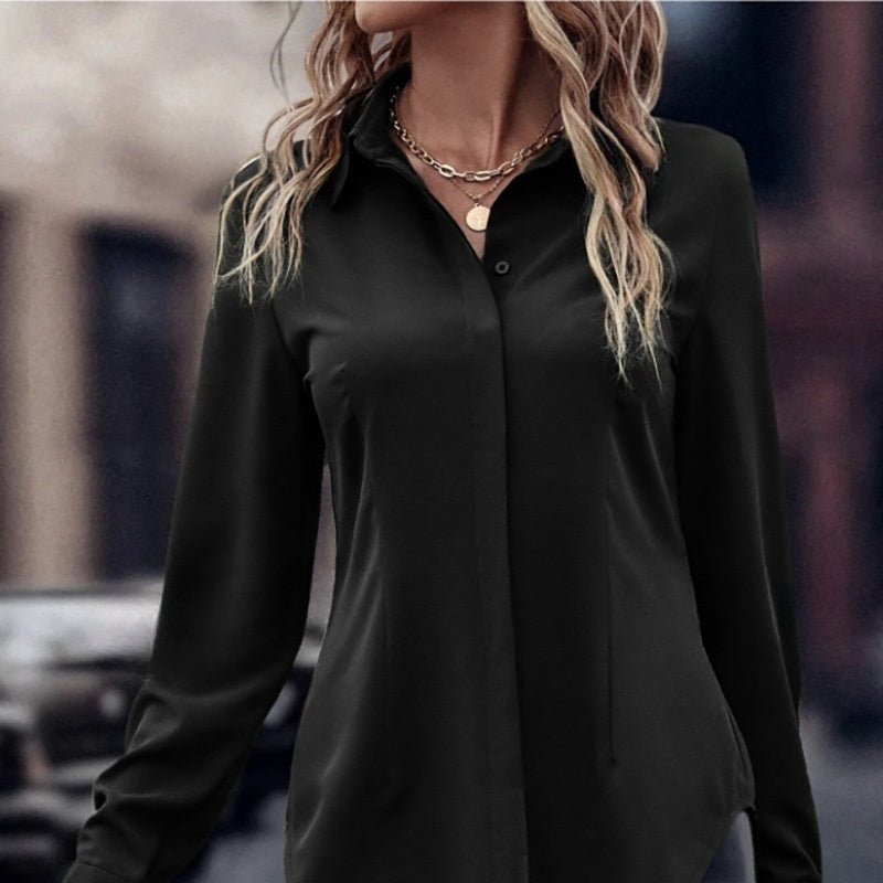 Haut à manches longues et revers en satin à double porte, style décontracté, coupe ajustée, vêtements pour femmes