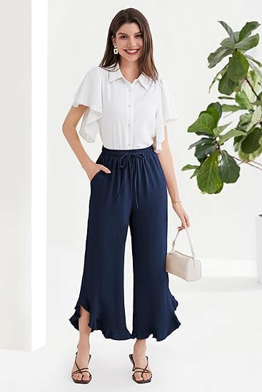 Pantalon à volants tendance à pattes d'éléphant, longueur cheville, pour femme