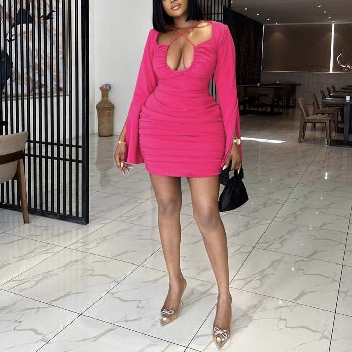 Robe sexy fendue à manches longues et col en V