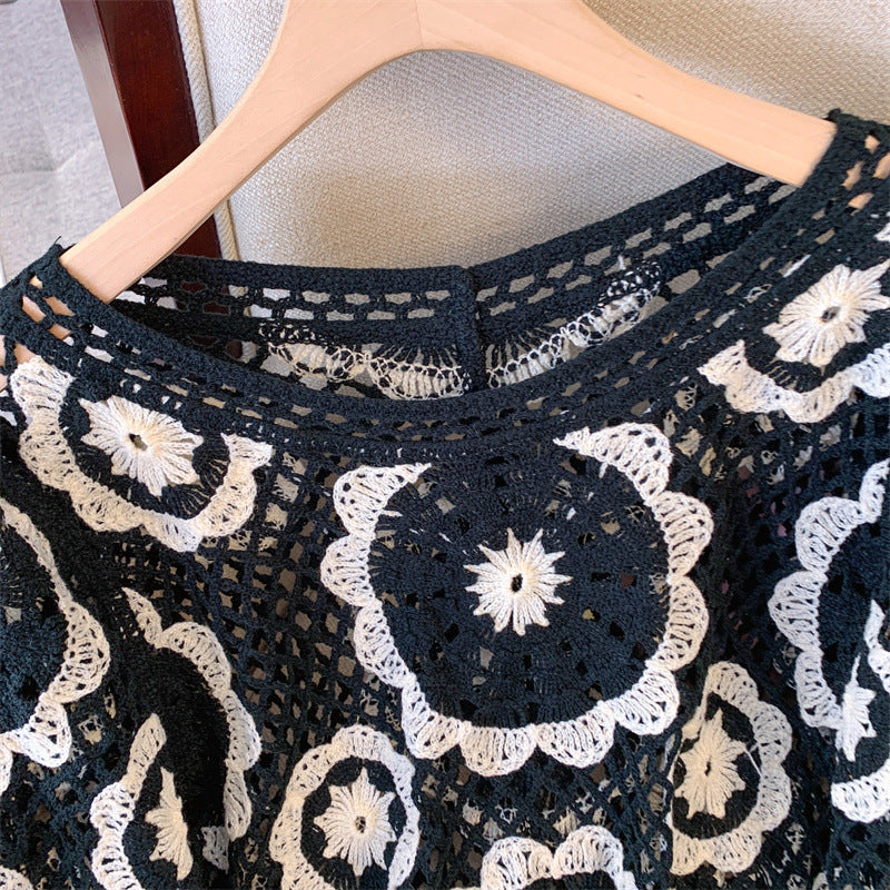 Pull à empiècement en dentelle au crochet pour femme, motif géométrique, manches longues, avec bordure brodée à œillets