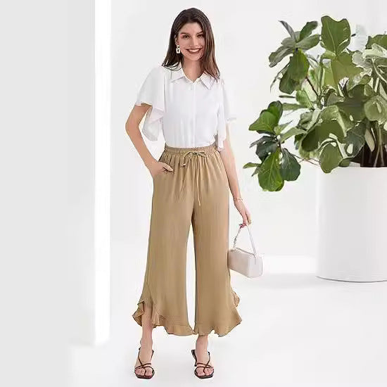 Pantalon à volants tendance à pattes d'éléphant, longueur cheville, pour femme