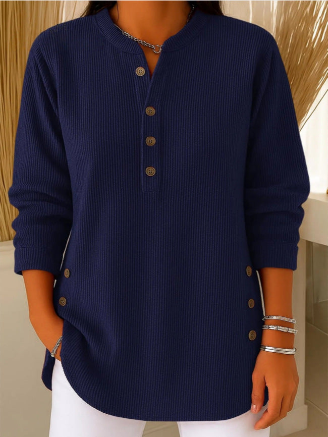 Solid Color Loose Casual V-neck Button Long-sleeved Women Blouse T-shirt