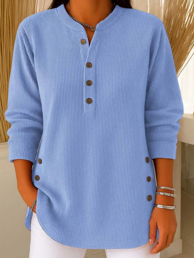 Solid Color Loose Casual V-neck Button Long-sleeved Women Blouse T-shirt