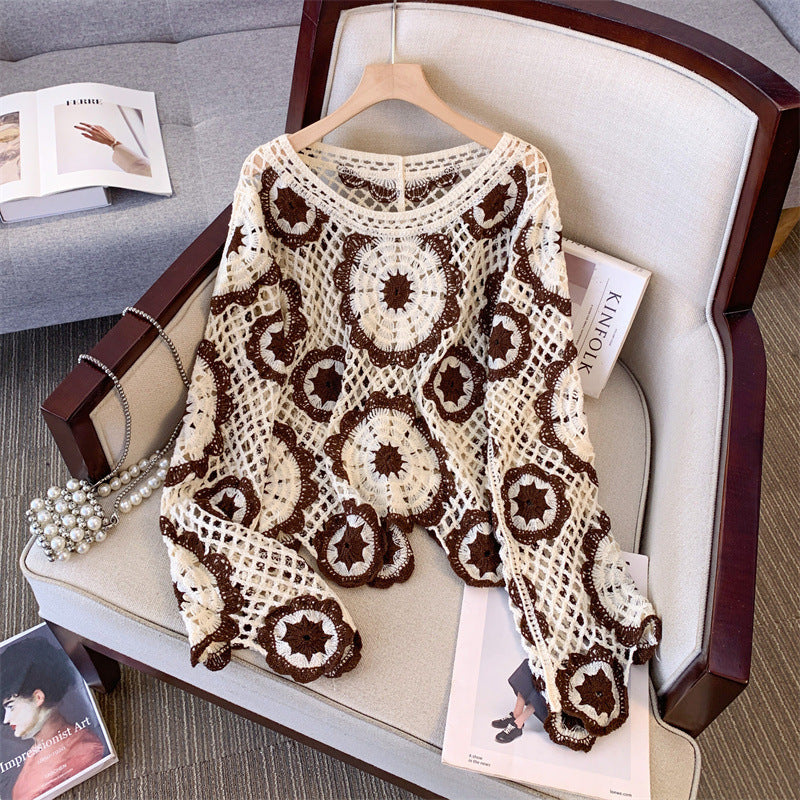 Pull à empiècement en dentelle au crochet pour femme, motif géométrique, manches longues, avec bordure brodée à œillets