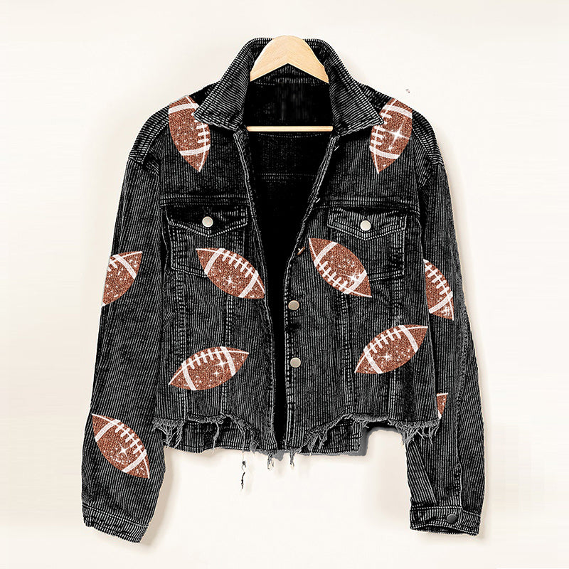 Chaqueta de pana de moda, chaqueta de béisbol con estampado de rugby, tops de otoño e invierno, ropa para mujer