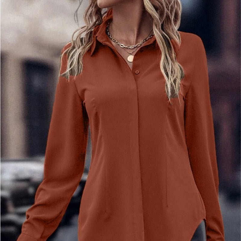 Haut à manches longues et revers en satin à double porte, style décontracté, coupe ajustée, vêtements pour femmes