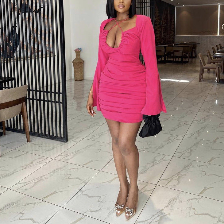 Robe sexy fendue à manches longues et col en V