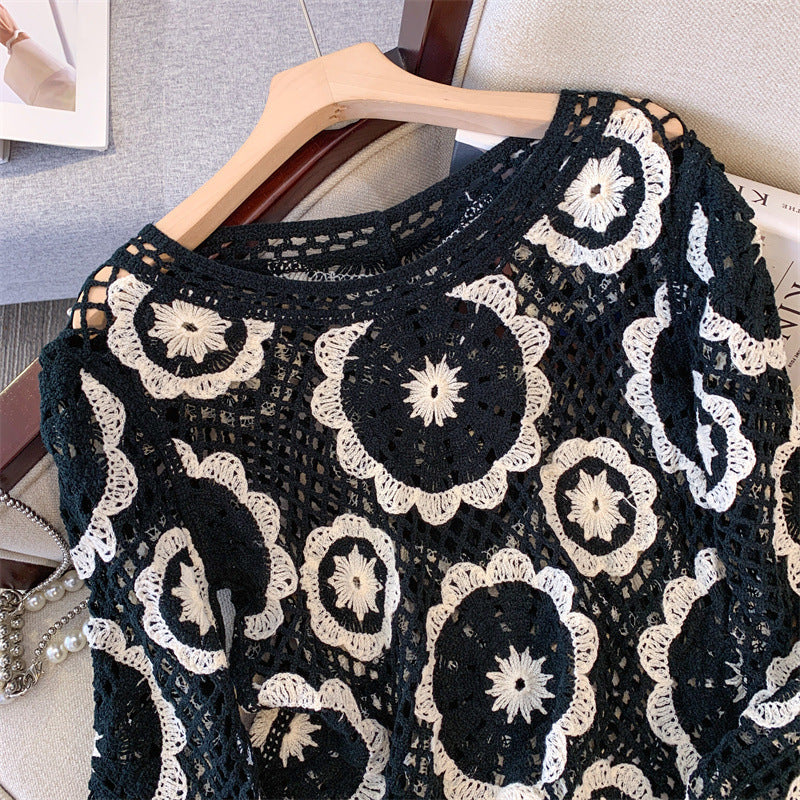 Pull à empiècement en dentelle au crochet pour femme, motif géométrique, manches longues, avec bordure brodée à œillets