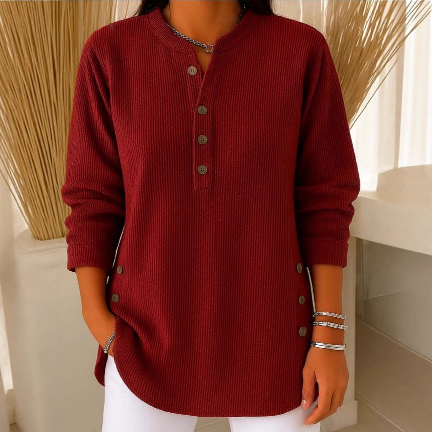 Solid Color Loose Casual V-neck Button Long-sleeved Women Blouse T-shirt