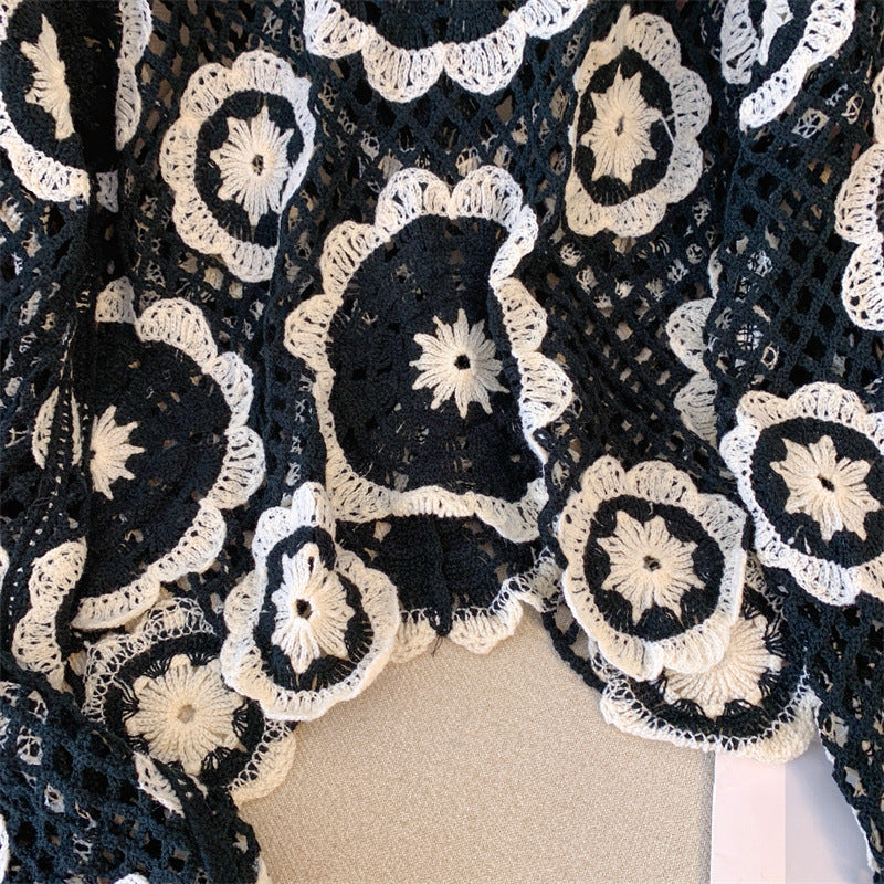 Pull à empiècement en dentelle au crochet pour femme, motif géométrique, manches longues, avec bordure brodée à œillets