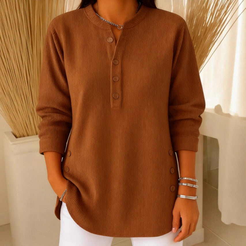 Solid Color Loose Casual V-neck Button Long-sleeved Women Blouse T-shirt