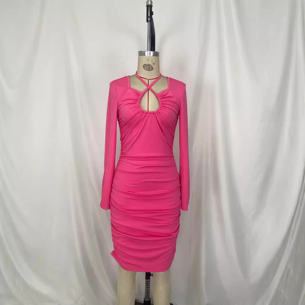 Robe sexy fendue à manches longues et col en V