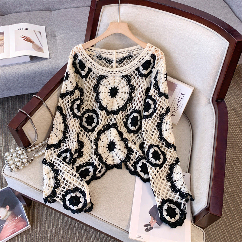 Pull à empiècement en dentelle au crochet pour femme, motif géométrique, manches longues, avec bordure brodée à œillets