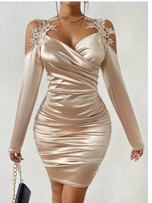 Satin Lace Pleated Bodycon Dress