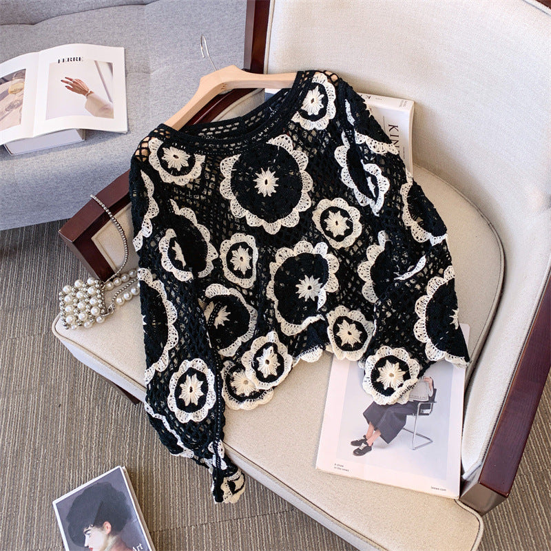 Pull à empiècement en dentelle au crochet pour femme, motif géométrique, manches longues, avec bordure brodée à œillets