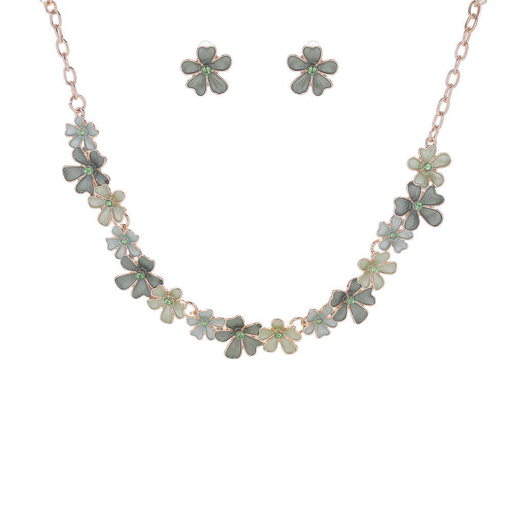 Zinc Alloy Flower Stitching Colorful Oil Exquisite Inlaid Design Necklace Eardrop Set