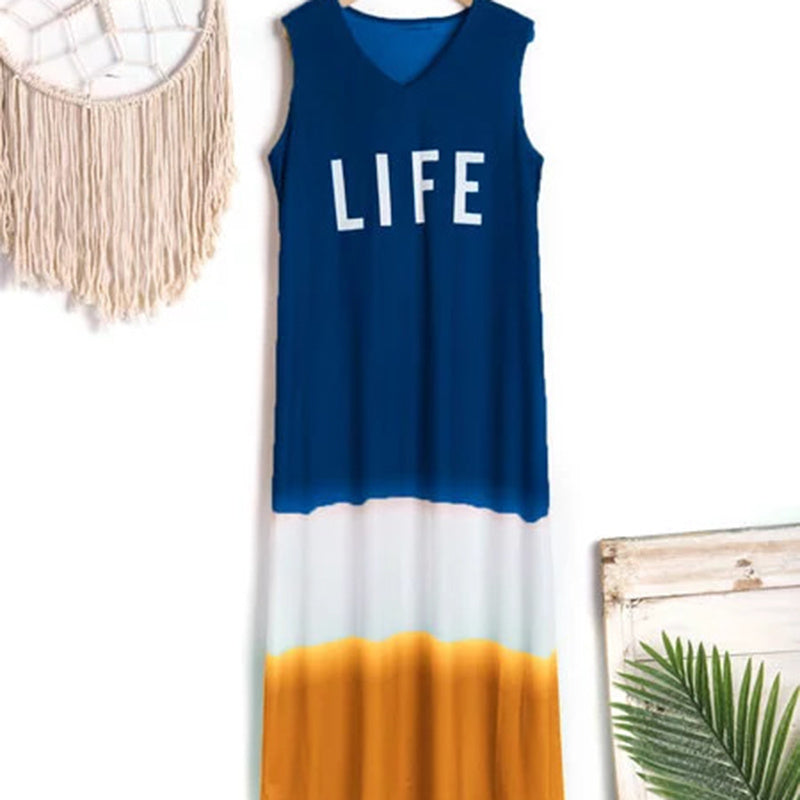 Blue dress with 'LIFE' text on a white background