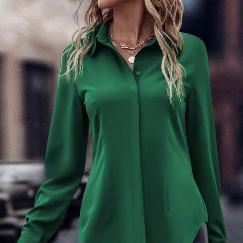 Haut à manches longues et revers en satin à double porte, style décontracté, coupe ajustée, vêtements pour femmes