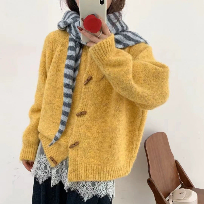 Horn Button Knitted Cardigan For Women Autumn And Winter New Loose Soft Cover