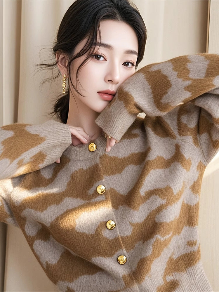 Cárdigan de punto con estampado de leopardo holgado para mujer, abrigo de suéter suave y pegajoso, novedad de otoño