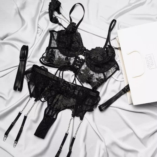 Lingerie sexy pour femmes, jarretelles en dentelle avec broderie creuse