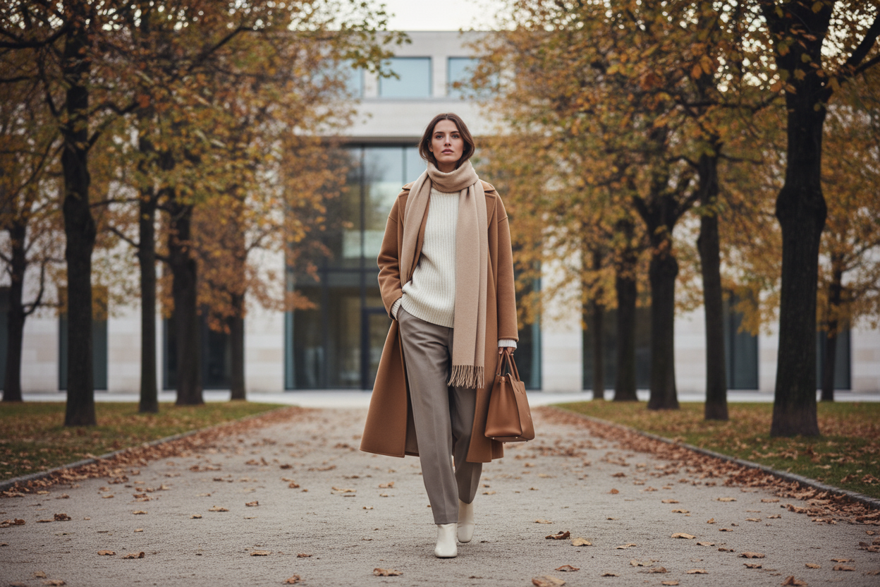 Woman walking on a path lined with trees with autumn foliage.