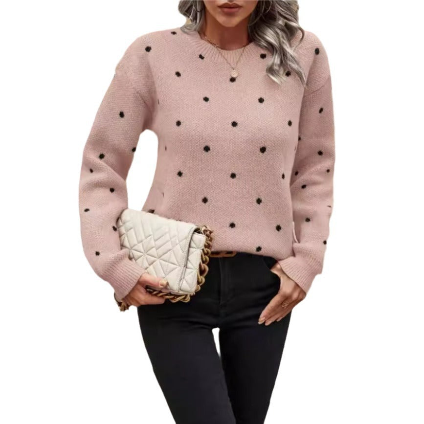 Suéter con estampado de lunares para mujer, jersey de punto jacquard de manga larga, informal, de cuello redondo, para invierno