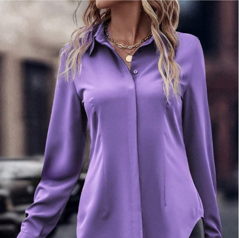 Haut à manches longues et revers en satin à double porte, style décontracté, coupe ajustée, vêtements pour femmes