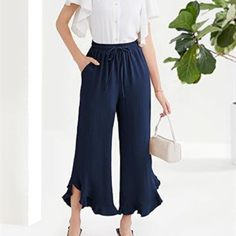 Pantalon à volants tendance à pattes d'éléphant, longueur cheville, pour femme