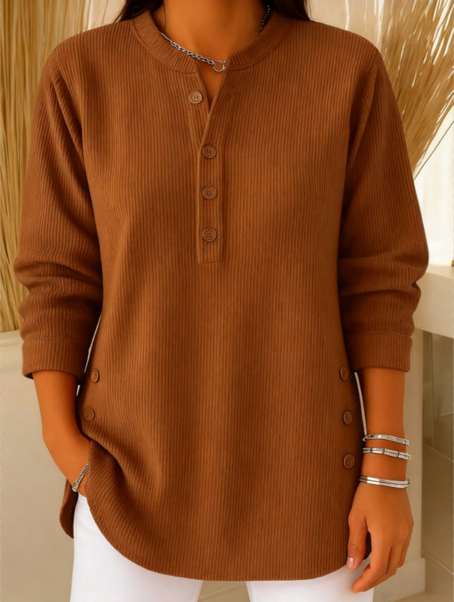 Solid Color Loose Casual V-neck Button Long-sleeved Women Blouse T-shirt