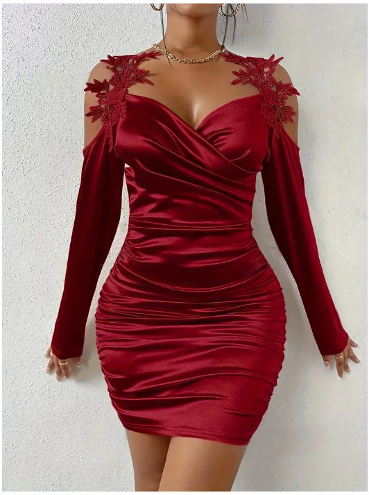 Satin Lace Pleated Bodycon Dress