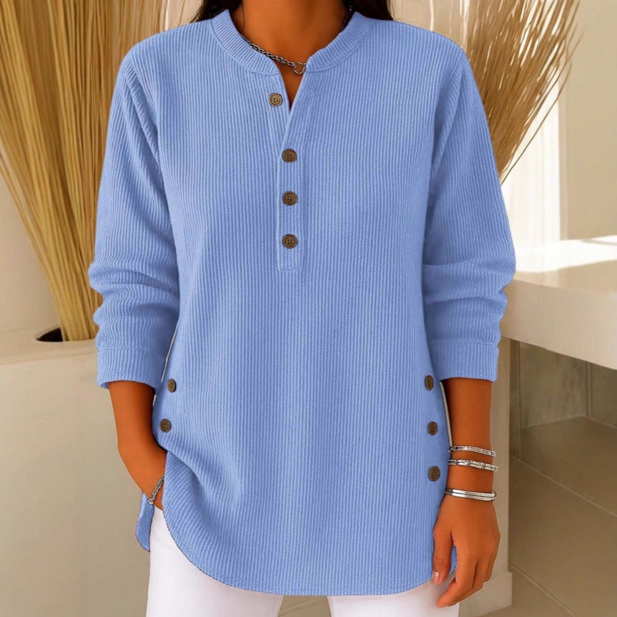 Solid Color Loose Casual V-neck Button Long-sleeved Women Blouse T-shirt