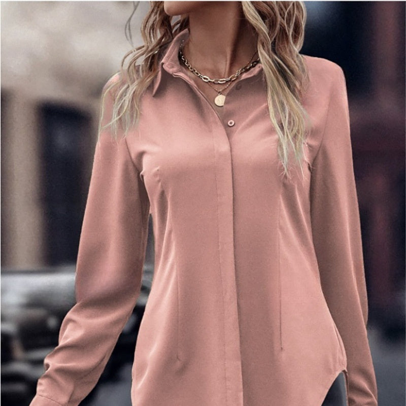 Haut à manches longues et revers en satin à double porte, style décontracté, coupe ajustée, vêtements pour femmes