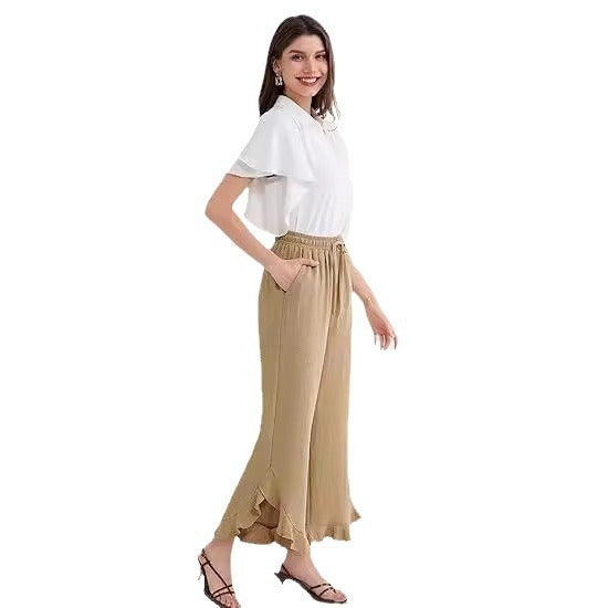 Pantalon à volants tendance à pattes d'éléphant, longueur cheville, pour femme