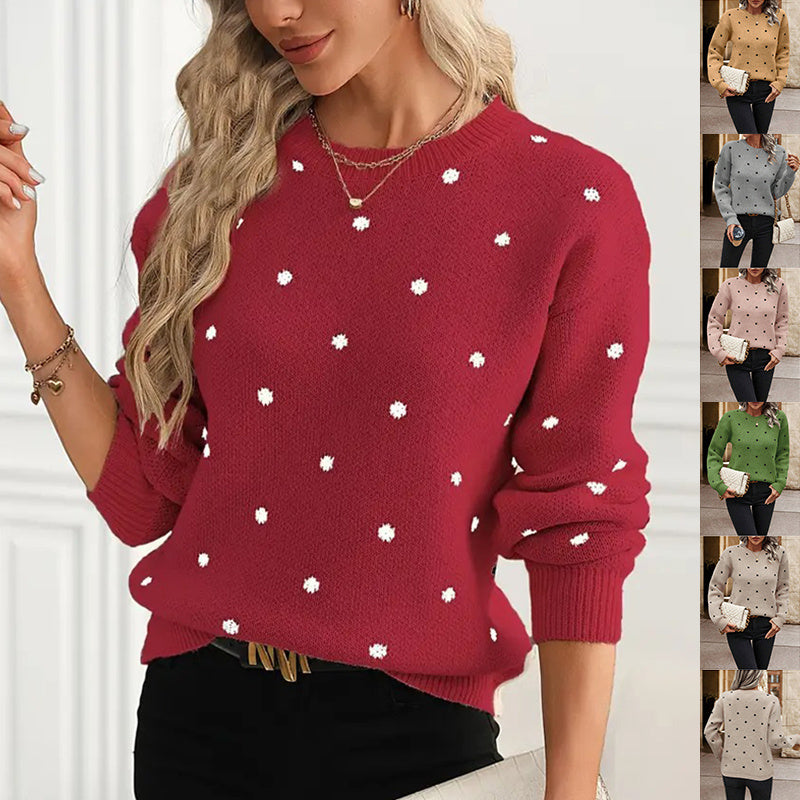 Red sweater with white polka dots worn by a person, with additional images of similar sweaters in different colors.