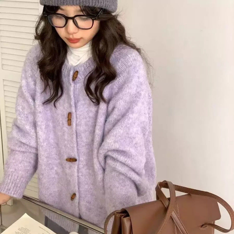 Horn Button Knitted Cardigan For Women Autumn And Winter New Loose Soft Cover