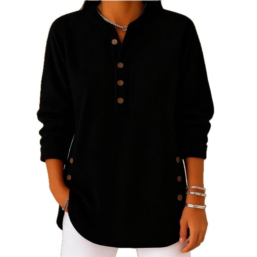 Solid Color Loose Casual V-neck Button Long-sleeved Women Blouse T-shirt