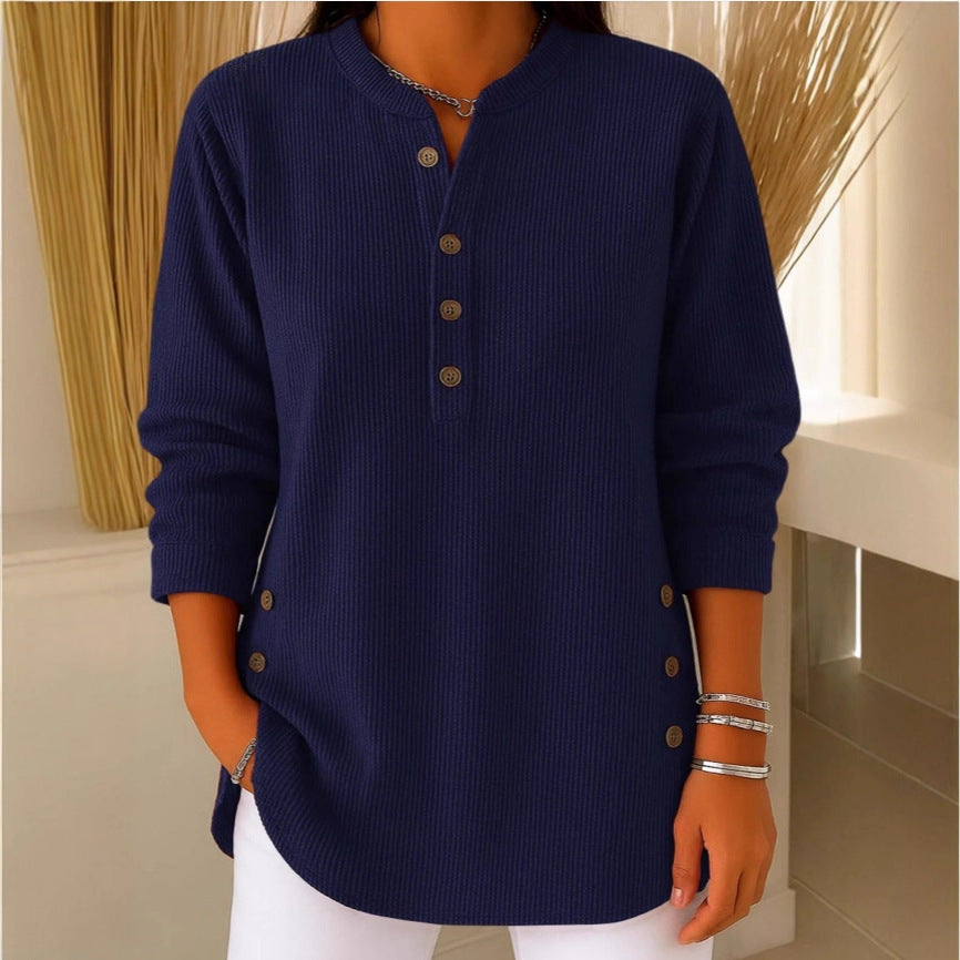Solid Color Loose Casual V-neck Button Long-sleeved Women Blouse T-shirt