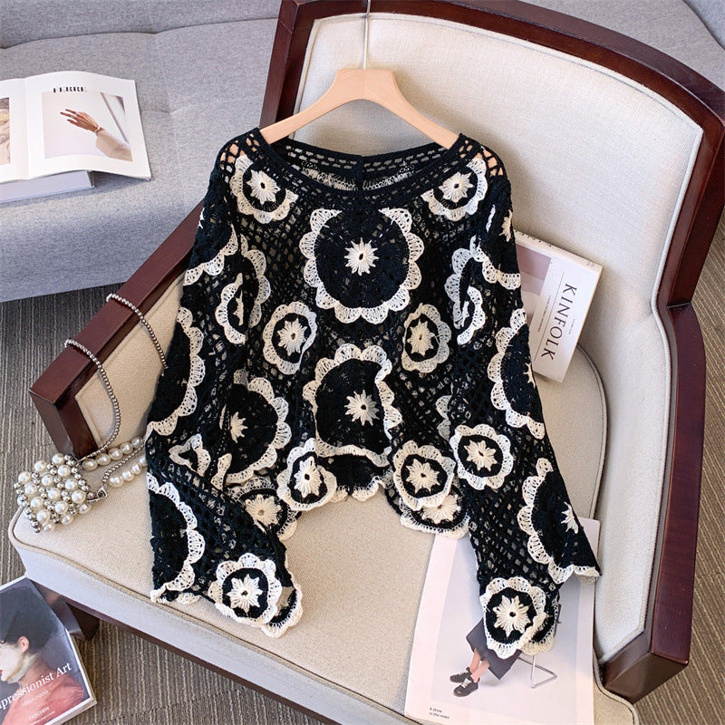 Pull à empiècement en dentelle au crochet pour femme, motif géométrique, manches longues, avec bordure brodée à œillets