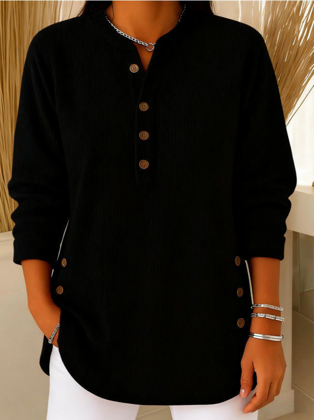 Solid Color Loose Casual V-neck Button Long-sleeved Women Blouse T-shirt