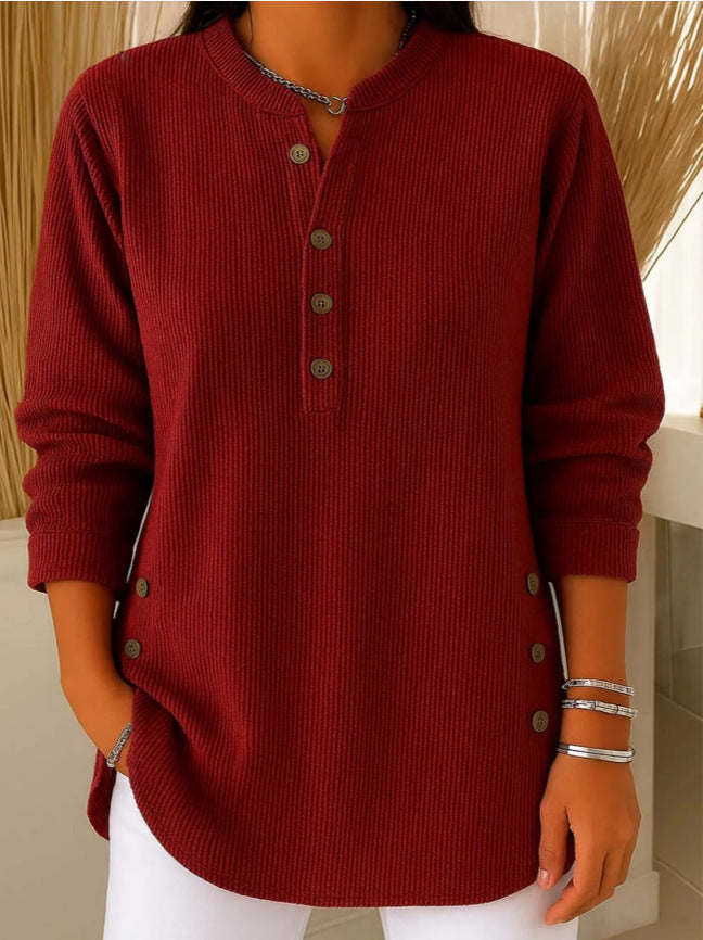 Solid Color Loose Casual V-neck Button Long-sleeved Women Blouse T-shirt