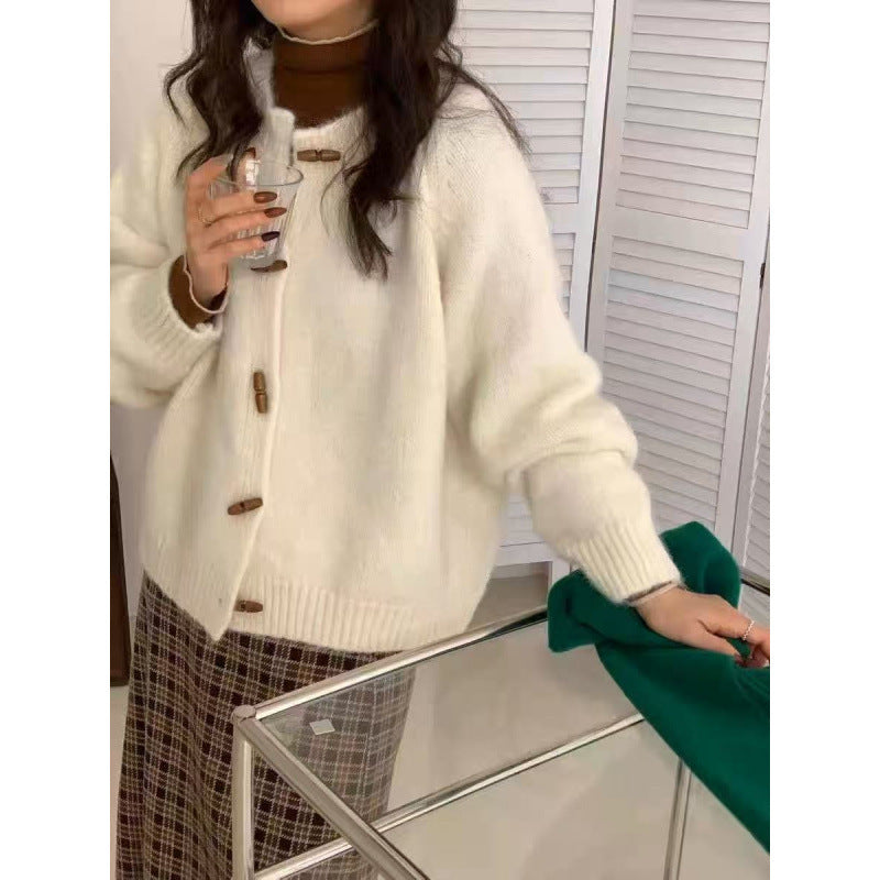 Horn Button Knitted Cardigan For Women Autumn And Winter New Loose Soft Cover