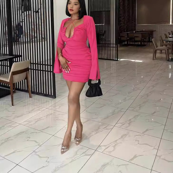 Robe sexy fendue à manches longues et col en V