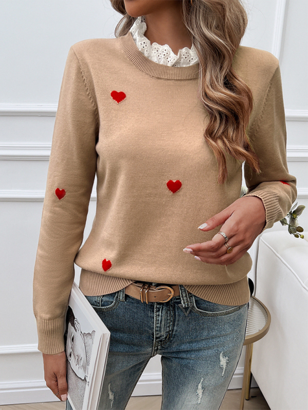 Pull à manches longues brodé cœur d'amour décontracté pour femme 