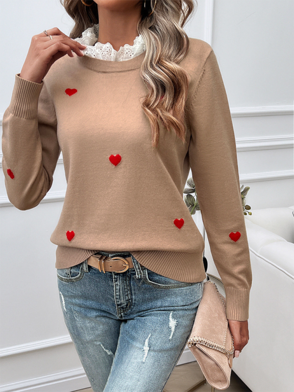 Pull à manches longues brodé cœur d'amour décontracté pour femme 