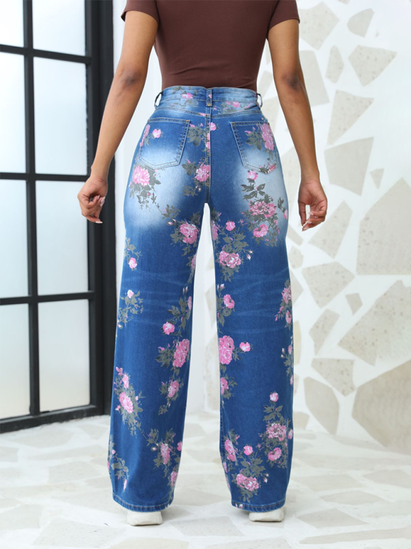 Pantalones vaqueros anchos con estampado floral para mujer 